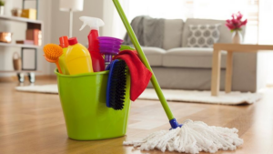 A bucket of cleaning supplies and a mop in a tidy living room, representing services by Cleaning For A Reason - Official Page in Rosemont, IL.