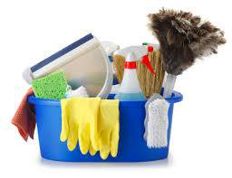 A blue bucket filled with various cleaning supplies for Rife's Services in Kapolei, HI