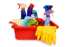 A red cleaning caddy filled with various cleaning supplies and yellow gloves for Joy Of Cleaning Service in Baltimore, MD.