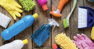 A collection of professional cleaning supplies for house cleaner services by Pena Cleaning Co. LLC in San Antonio, TX