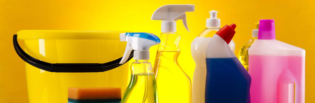 A collection of professional cleaning supplies for house cleaner services by We Clean Janitorial in Indianapolis, IN.