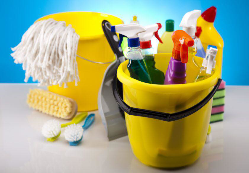 Essential cleaning supplies including a mop, buckets, and spray bottles for Roses Cleaning Services in Erie, PA.
