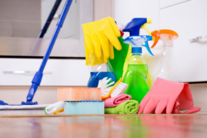 Cleaning supplies: mop, spray bottles, and gloves for House Cleaning Services Summerlin Nevada in Las Vegas, NV.