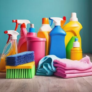 A collection of colorful cleaning supplies including bottles, sponges, and cloths, representing the tools used by Two Gals & A Mop, LLC in Mobile, AL.