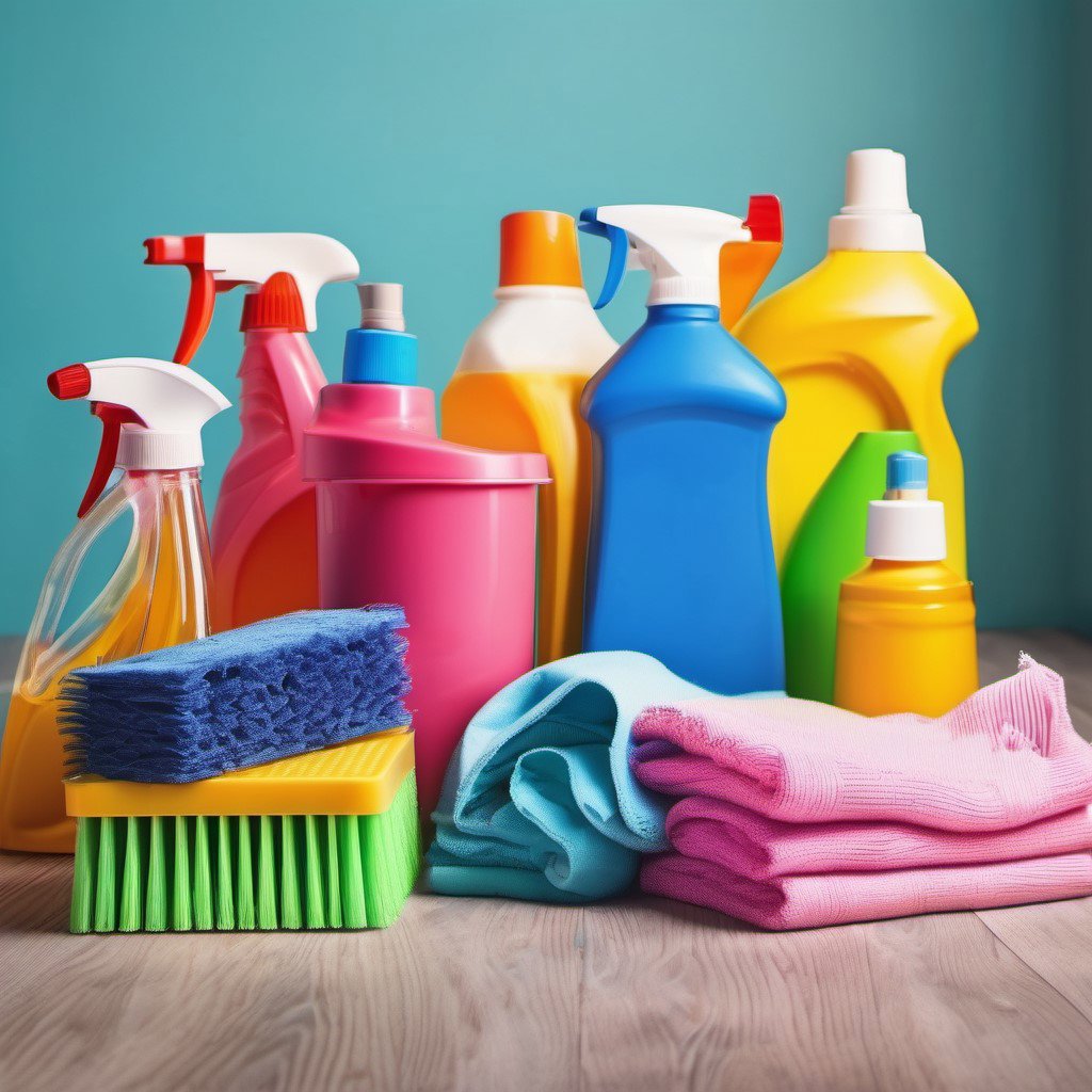 A collection of colorful cleaning supplies including bottles, sponges, and cloths, representing the tools used by Two Gals & A Mop, LLC in Mobile, AL.