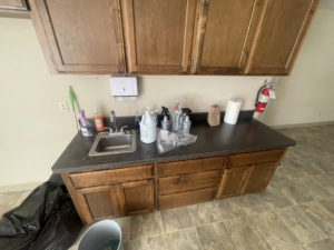 Various cleaning supplies and a utility sink on a counter, ready for use by Sister cleaning consultant in Fresno, CA.
