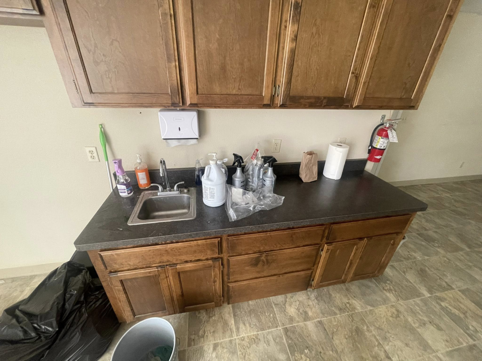 Various cleaning supplies and a utility sink on a counter, ready for use by Sister cleaning consultant in Fresno, CA.