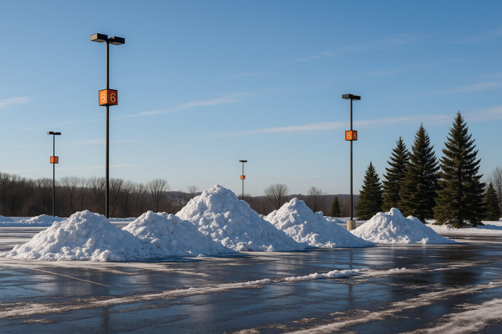 A commercial parking lot cleared of snow with large snow piles, showcasing snow removal service by Green Castle Lawn Care and Pest Control in Ogden, UT.