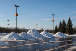 A commercial parking lot cleared of snow with large snow piles, showcasing snow removal service by Green Castle Lawn Care and Pest Control in Ogden, UT.