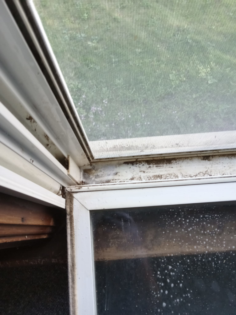 A close-up view of a very dirty window sill and frame, indicating a need for deep cleaning from Sparkle & Shine of Iowa in Urbandale, IA.