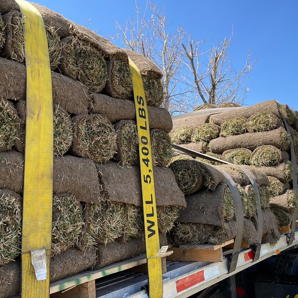 A close-up of sod rolls secured on a truck with a WLL 5,400 LBS strap by Aspen Sod in Layton, UT.