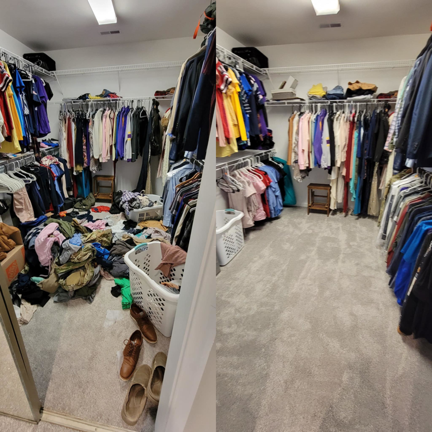 A before and after comparison of a messy closet transformed into a clean, organized space by Saks At Your Service in Baltimore, MD.