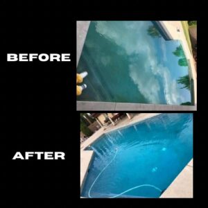 Before and after photos of a cloudy pool cleaned to crystal clear by Bright Side Pool Service LLC in Broken Arrow, OK.