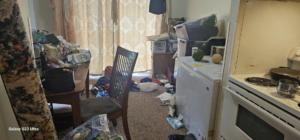 A cluttered living room and kitchen area, showing a before-cleaning scene by Cleaning with Lisseth in Madison, WI.
