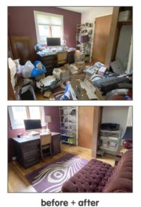 A cluttered office or bedroom before and after cleaning and organizing by The Blake Experience Cleaning Service in Albany, NY.