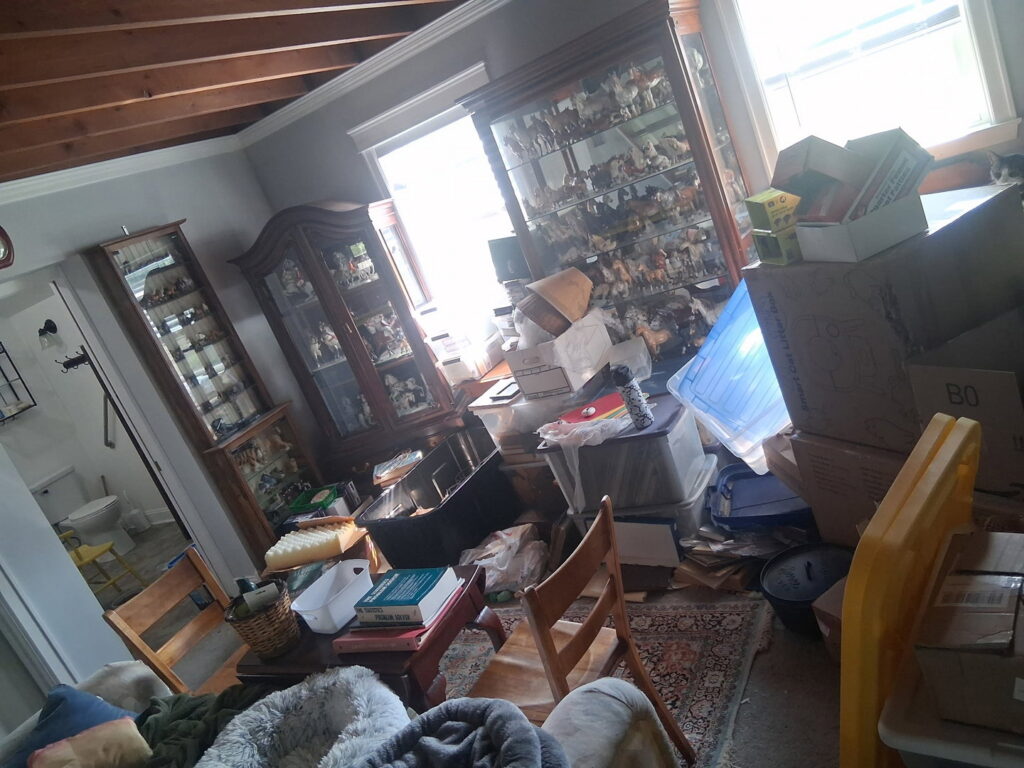 A heavily cluttered room with boxes and items, representing a before-cleaning scenario for CleanSlate Cleaning Company in Lansing, MI.