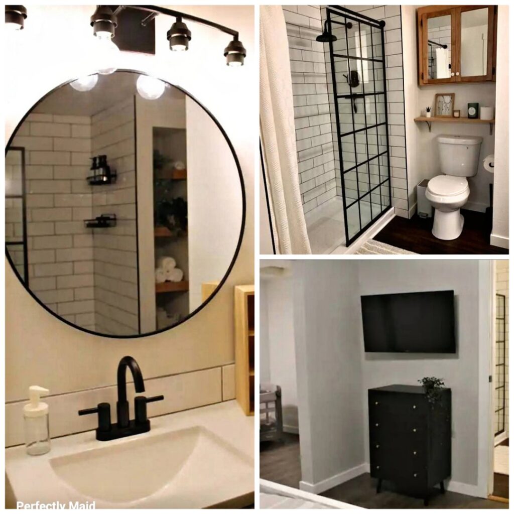A collage featuring a clean bathroom with a modern shower and a tidy bedroom by Perfectly Maid in Spokane, WA.