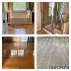 A collage showcasing sparkling clean bathroom, shiny hardwood floors, and freshly vacuumed carpet by Anchor Down Cleaning Co in Concord, NC