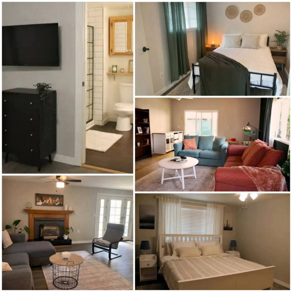 A collage of beautifully cleaned home interiors, including bedrooms, living rooms, and bathrooms by Perfectly Maid in Spokane, WA.