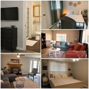 A collage of beautifully cleaned home interiors, including bedrooms, living rooms, and bathrooms by Perfectly Maid in Spokane, WA.