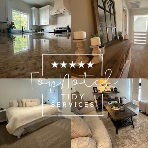 A collage of clean home interiors including a kitchen, bedroom, and living room by Top-Notch Tidy Services in Chesapeake, VA.