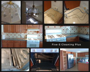 A collage showing before and after house cleaning results, including a dirty oven, clean kitchen, and light fixtures by Five-S Cleaning Plus in Phoenix, AZ