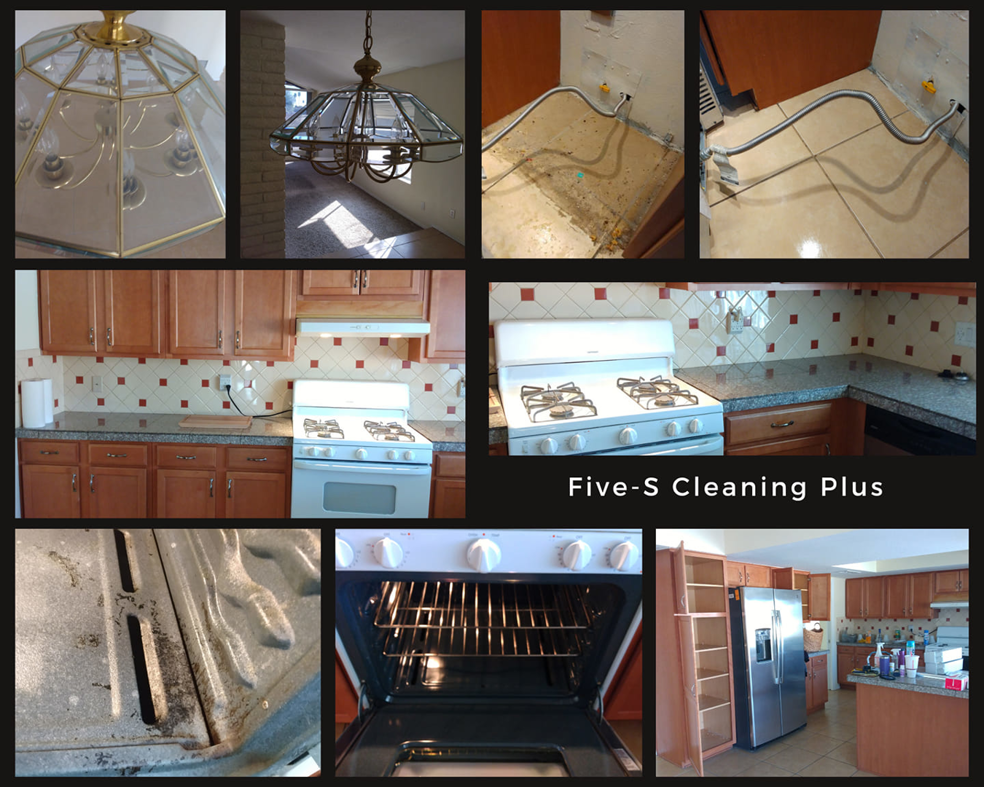 A collage showing before and after house cleaning results, including a dirty oven, clean kitchen, and light fixtures by Five-S Cleaning Plus in Phoenix, AZ