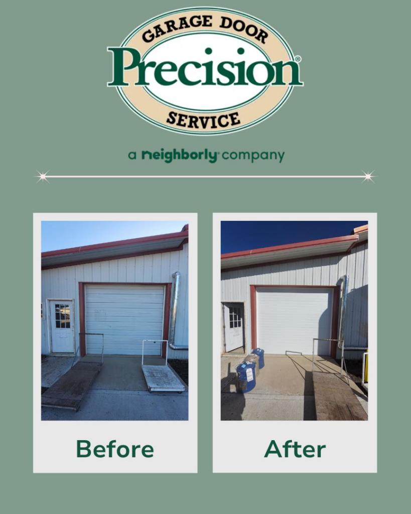 Before and after comparison of a commercial garage door replacement by Precision Garage Door Fort Collins in Cheyenne, WY.