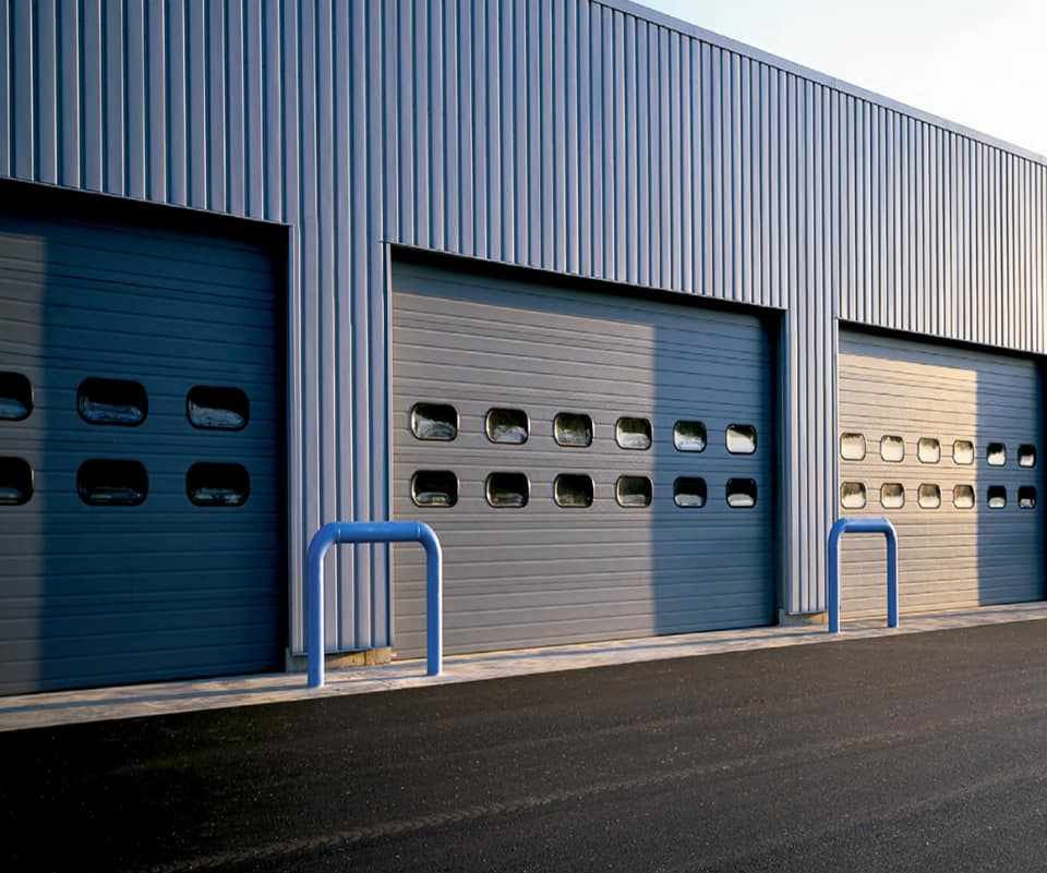Three modern grey commercial garage doors installed by Frontier Garage Door in Anchorage, AK.