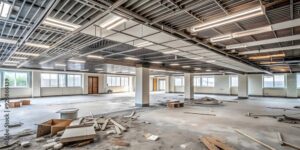 Commercial interior demolition showing a partially removed dropped ceiling and debris on the floor by Allis Demolition & Hauling LLC in Omaha, NE