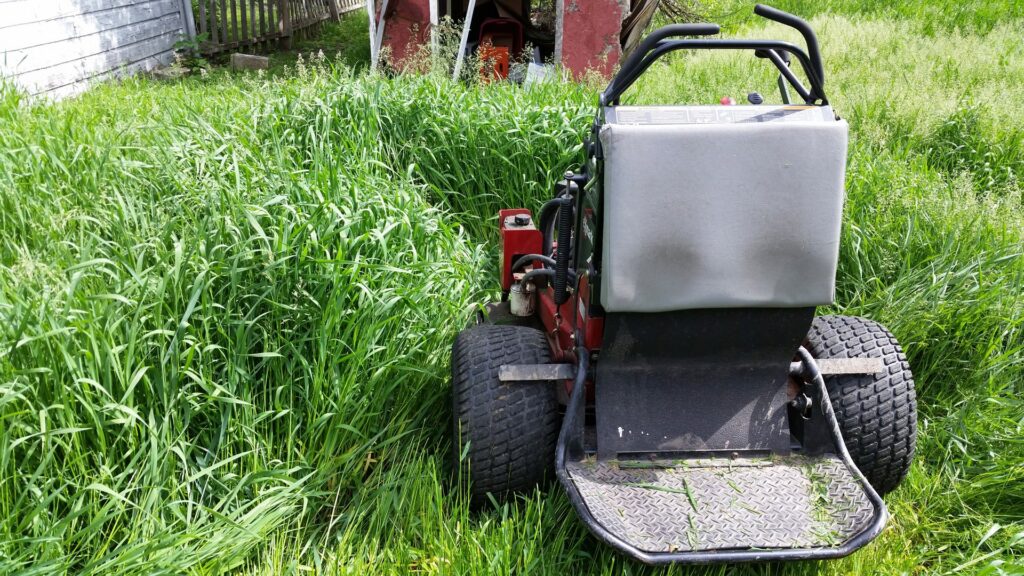 A commercial stand-on lawn mower from Nice & Precise Lawn Care tackling tall, overgrown grass in Ames, IA.