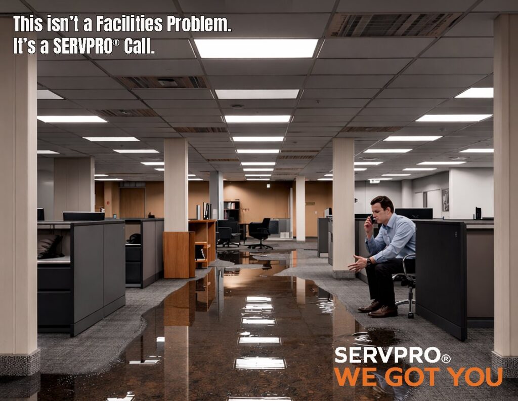 A commercial office space with extensive standing water on the floor, indicating a major water damage cleanup by SERVPRO of South Shreveport in Shreveport, LA.