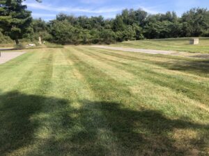 A commercial property's expansive lawn with precise mowing stripes, maintained by Neace's Lawn Care LLC in Martinsburg, WV.