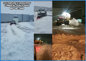 A collage of images showcasing commercial snow plowing operations by 3-D Lawncare & Landscaping in Flint, MI.