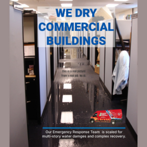 Commercial office hallway with standing water on the floor, being dried by Specialized Cleaning & Restoration, Inc. in Bismarck, ND.
