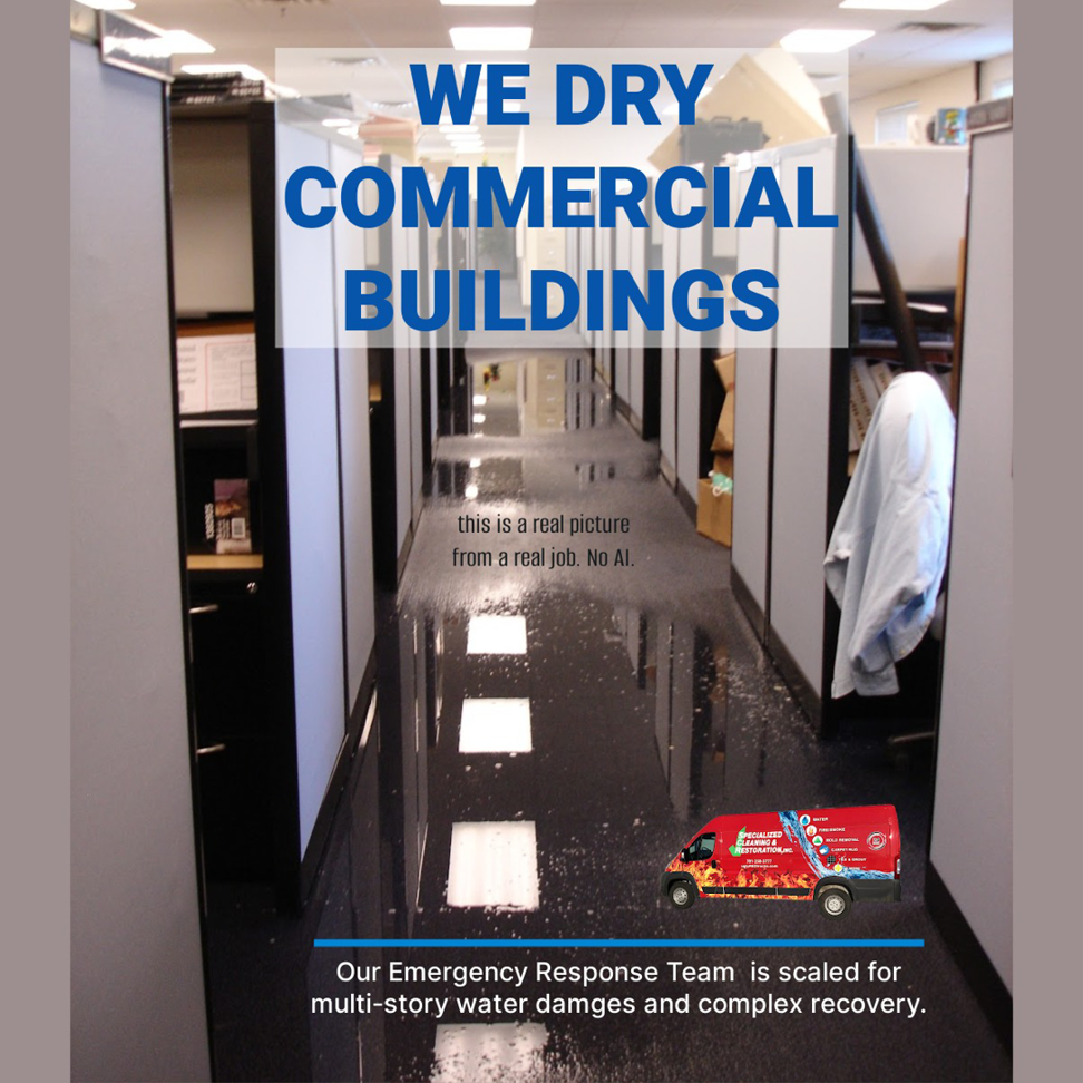 Commercial office hallway with standing water on the floor, being dried by Specialized Cleaning & Restoration, Inc. in Bismarck, ND.