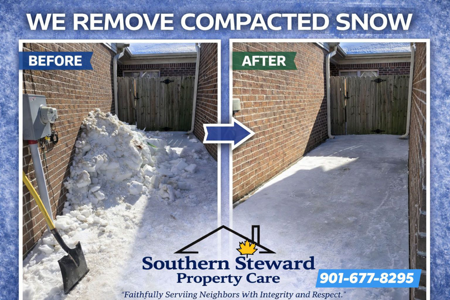 Before and after of compacted snow removed from a pathway by Southern Steward Property Care in Hernando, MS.