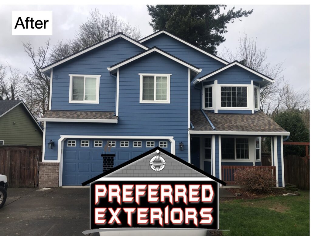 A beautiful house with newly installed blue siding by Preferred Exteriors in Roswell, GA