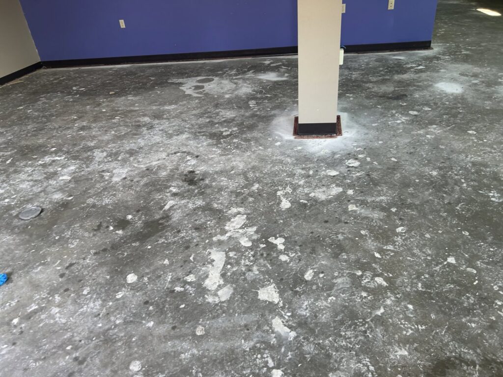 A concrete floor showing clear signs of water damage and stains, ready for remediation by Gold Star Services LLC in Newark, DE