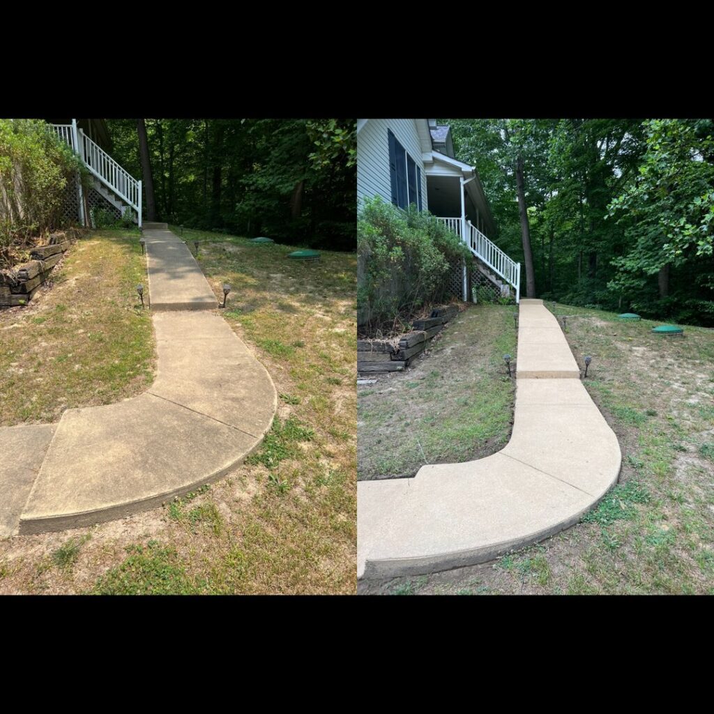 Before and after cleaning of a concrete pathway by Miles Dynamic Cleaning in Baltimore, MD