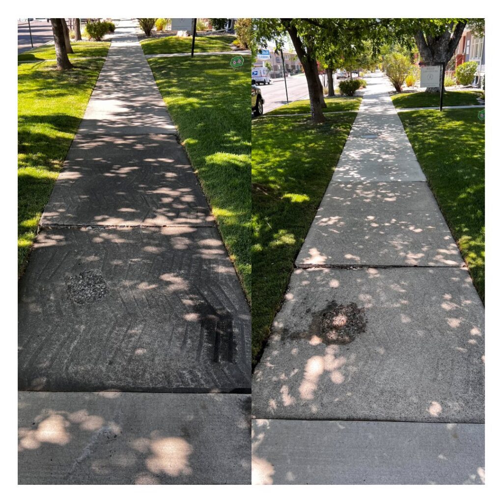 Before and after of a concrete sidewalk cleaned by Splash Pros Pressure Washing in Reno, NV.