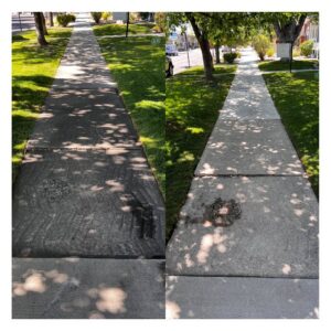 Before and after of a concrete sidewalk cleaned by Splash Pros Pressure Washing in Reno, NV.