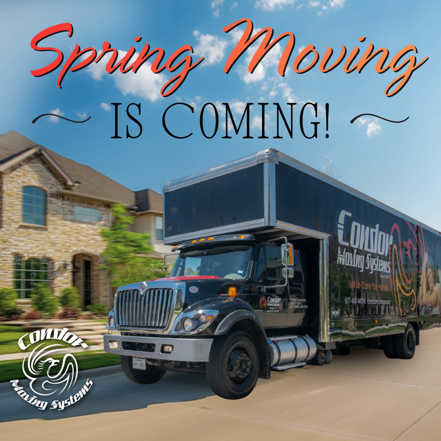 A Condor Moving Systems truck driving on a residential street in Arlington, TX, ready for a spring move.