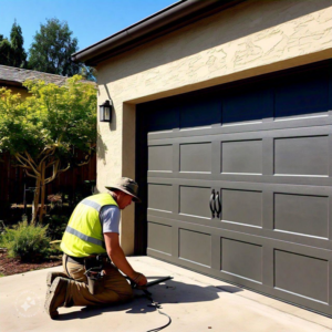 A garage door contractor working on the bottom section of a garage door for DNA Garage Door Repair in New Haven, CT