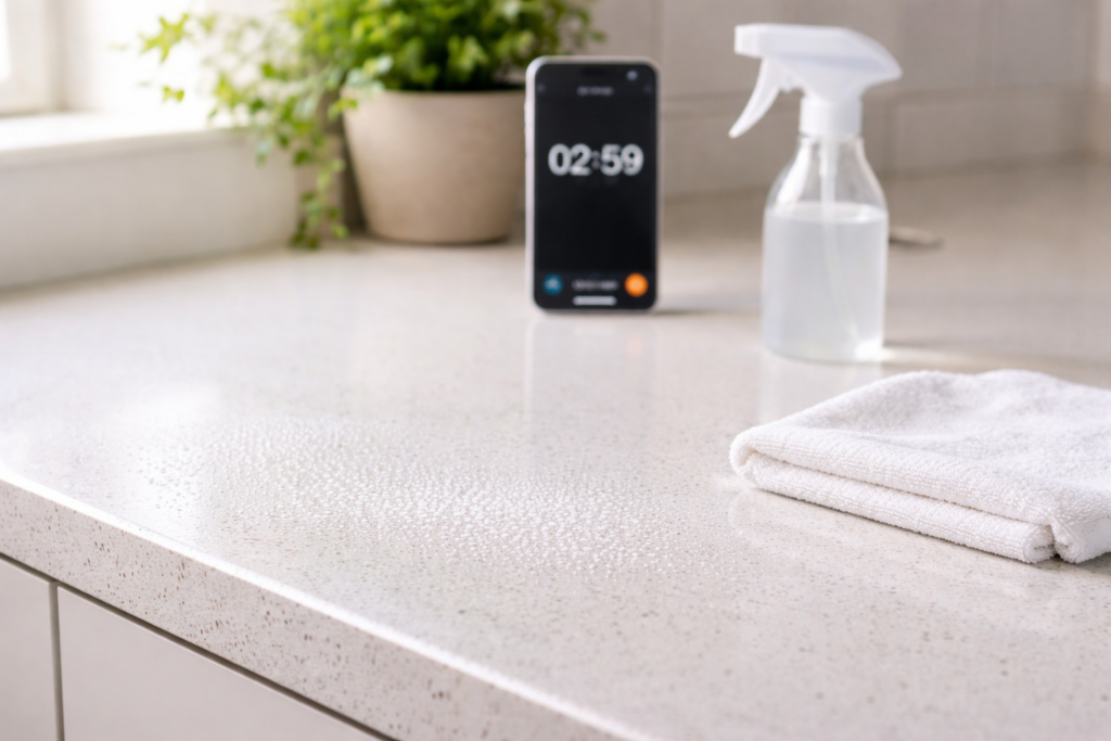 A kitchen countertop being cleaned with a spray bottle and cloth by Heavenly Harlots Maid Cleaning Services in Grand Forks, ND.