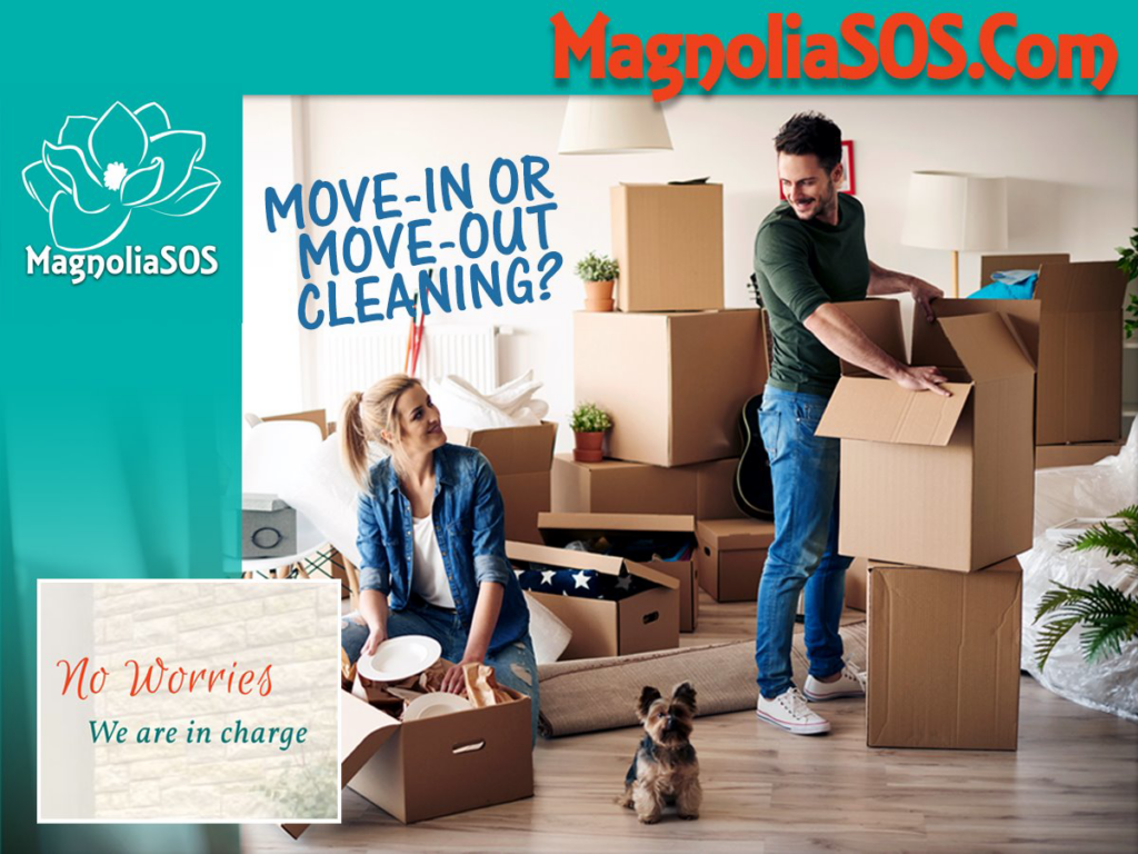 A couple unpacking boxes in a living room, advertising move-in/move-out cleaning services by Magnolia SOS Residential Cleaning in New Orleans, LA.