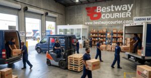 A team of Best Way Courier employees loading and unloading packages from vans and trucks in a busy warehouse in Miami, FL.