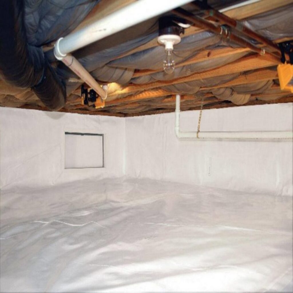 A clean, encapsulated crawl space with a white vapor barrier installed by Waterdry Indiana in South Bend, IN