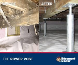 Before and after photos of crawl space water damage repair and encapsulation by Basement Doctor of West Virginia in Parkersburg, WV.