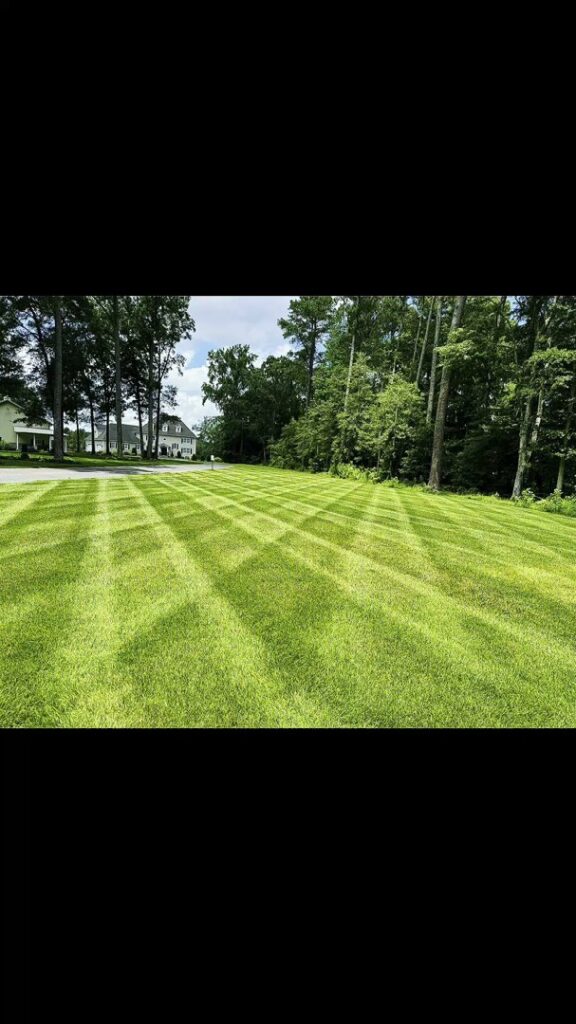 A spacious lawn meticulously mowed in a cross-hatch pattern, showcasing the precision of A & J Lawn Care LLC in Corsicana, TX.